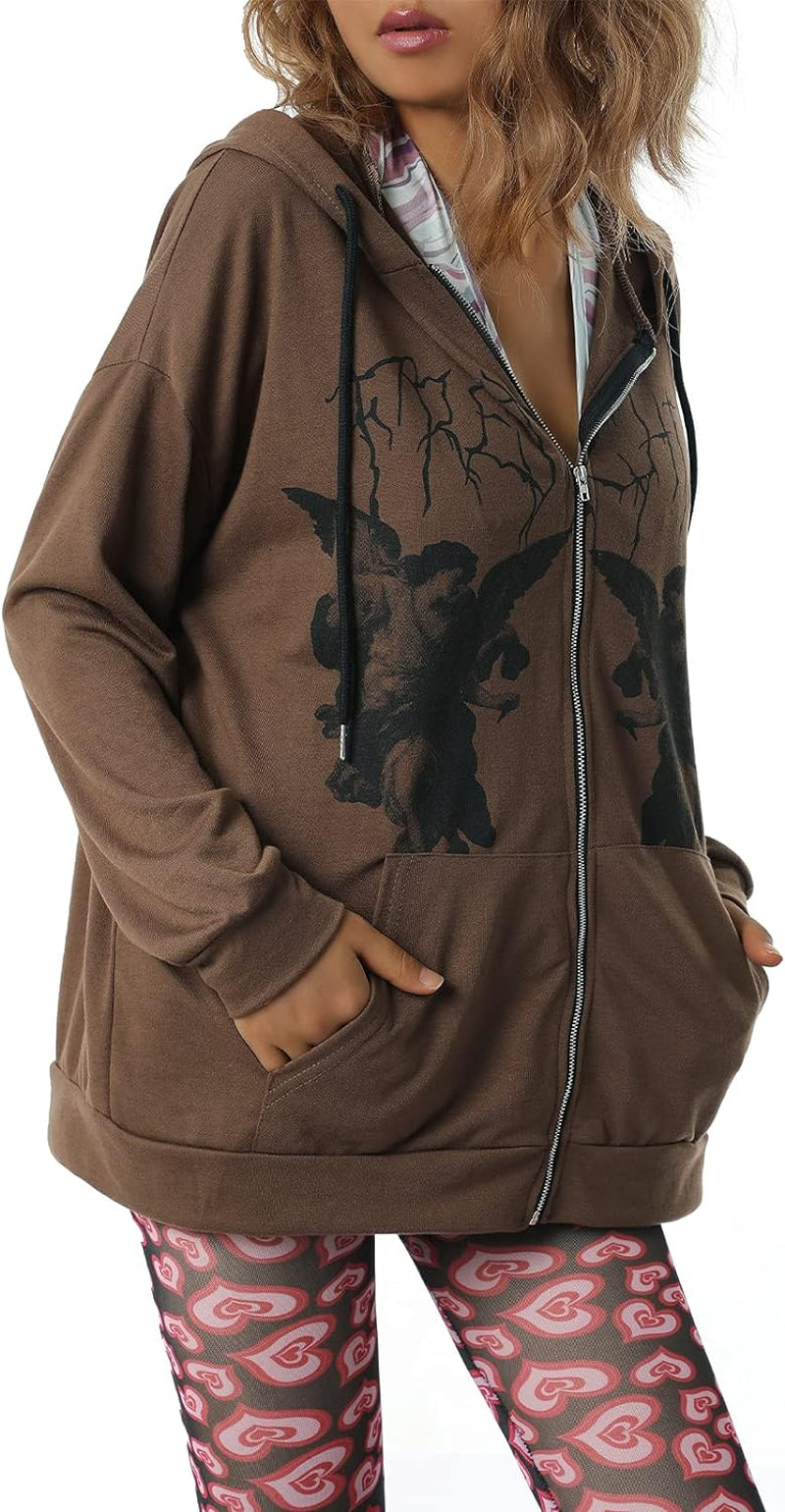 Women Man Goth Hoodie Sweatshirts Y2K Aesthetic Zip up Jacket 90S Long Sleeve Graphic Coat Couple Top Streetwear